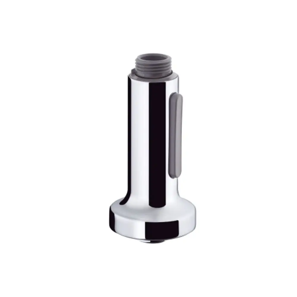 Chromfarbener Auslauf für eine Armatur von Hansgrohe mit einem gewindeartigen Anschluss oben und einer seitlichen Betätigung.